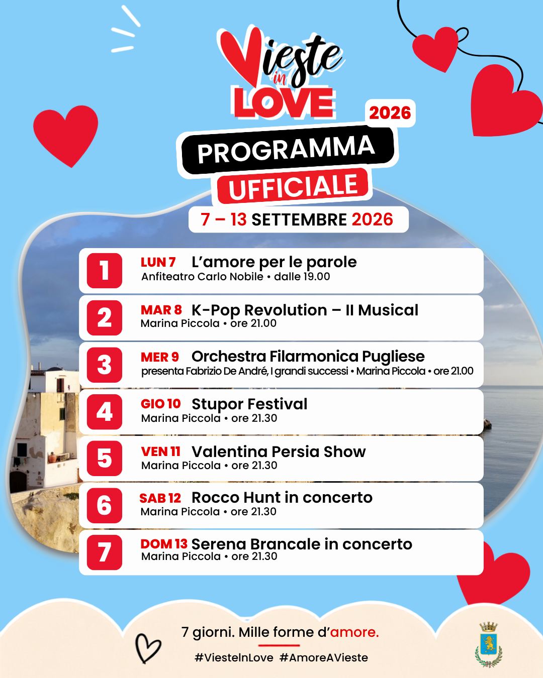 Programma ufficiale di Vieste in Love 2026, dal 7 al 13 settembre
